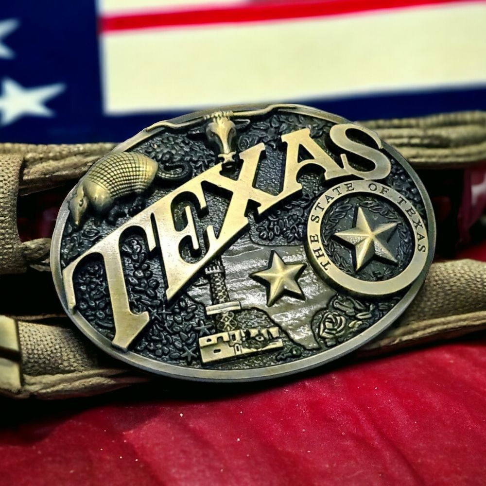 Texas Western Belt Buckle Lone Star Longhorn Armadillo Oil Well Antique Brass